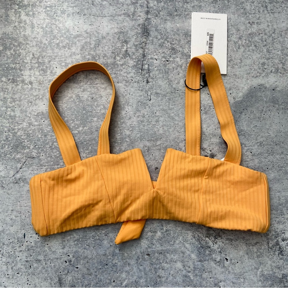 Vitamin A Yellow Ribbed Notched V Bikini Top 6/S NEW